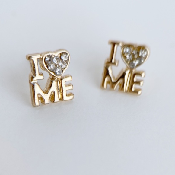 I Love Me Small Self Confidence Gold Tone Stud Earrings with hearts - Picture 5 of 12